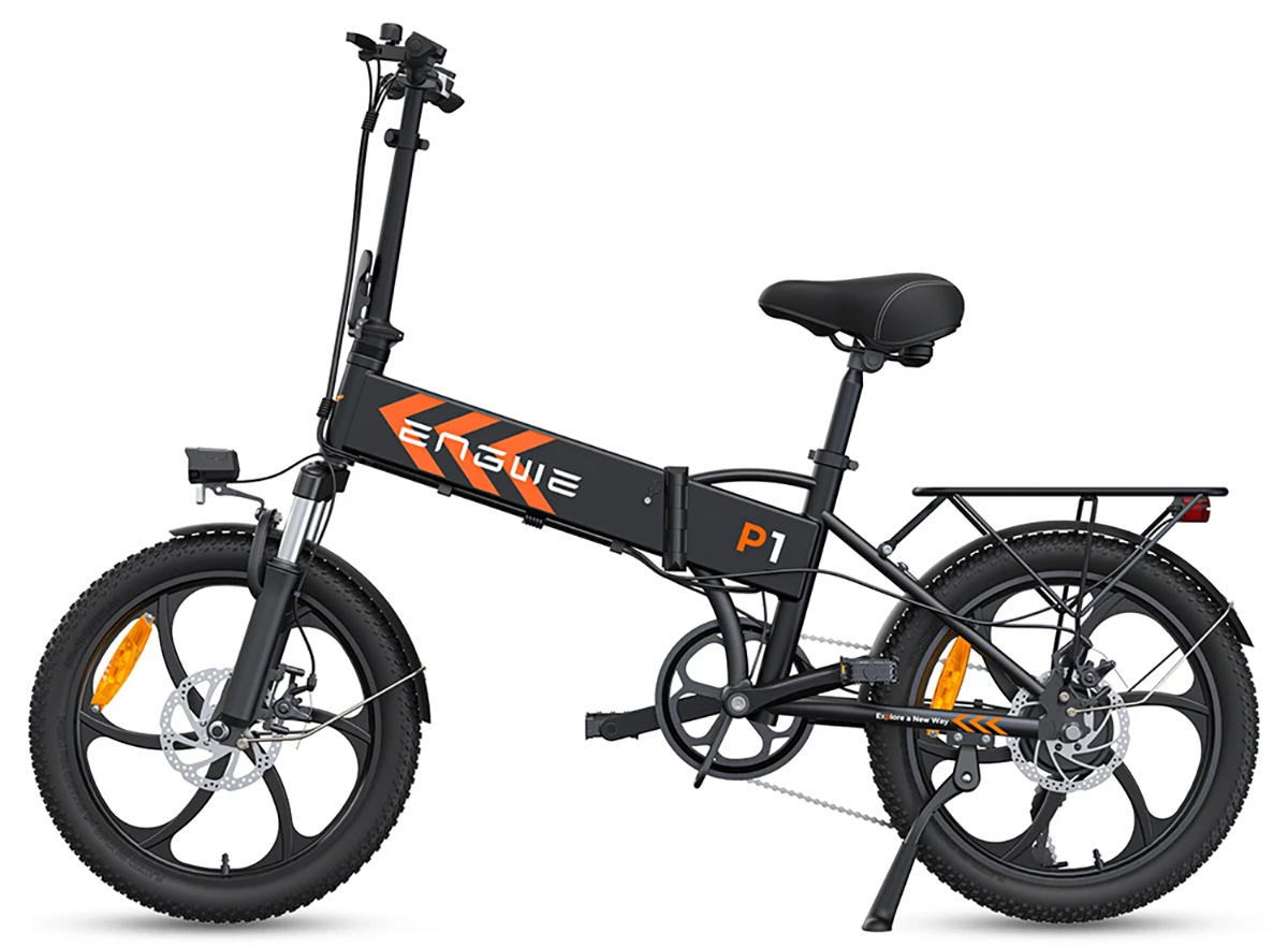 a black folding bike with orange accents - engwe p1